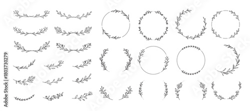 line wreath hand drawn with flower and leaf branch for wedding banner , botanical logo template 