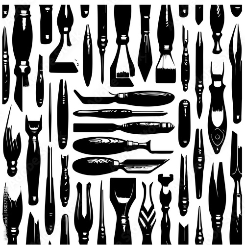 Detailed monochrome illustration of various sculpting tools arranged in a seamless pattern design