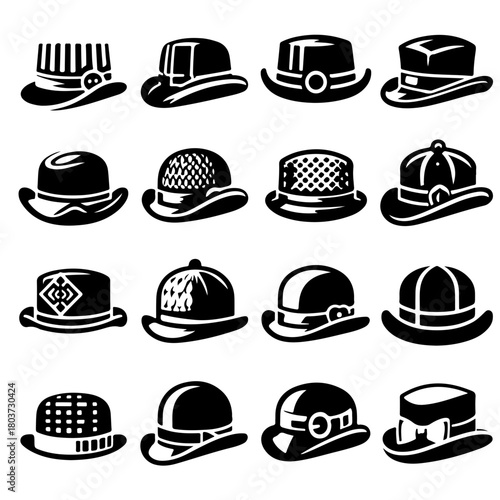 Collection of sixteen stylized black and white hats with varying shapes and decorative elements displayed neatly