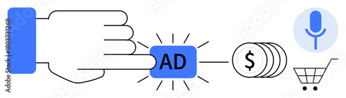 Finger presses ad button, linking to coins, shopping cart, and voice search icon. Ideal for advertising, digital marketing, e-commerce, campaign strategy, monetization user interface online