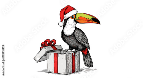 Toucan in Santa Hat Peeking from Gift Box — engraving sketch, black and white vintage vector illustration