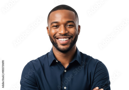 A smiling african american man with a neatly trimmed beard and short hair wearing a dark blue collared shirt isolated on transparent background