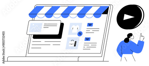 E-commerce store interface on a laptop screen with a striped awning, product icons, and customer clicking play button. Ideal for e-commerce, retail, shopping, marketing, tutorials, digital business
