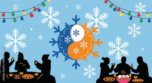 Celebrate Winter Solstice with Friends and Family Enjoying Traditional Dumplings Under Festive Lights and Falling Snowflakes, Creating Warm Memories and Sharing Joyful Moments Together
