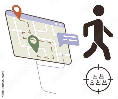 Map interface with location pins, speech bubble, walking figure, and target icon. Ideal for navigation, GPS tracking, location services, communication, user targeting marketing simple flat metaphor
