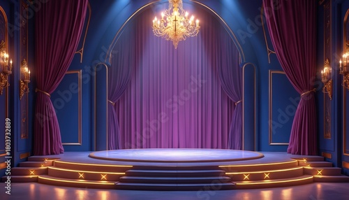 Empty luxurious stage with royal blue walls and purple velvet curtains. A grand chandelier hangs above a circular platform with illuminated steps for performances or award ceremonies.