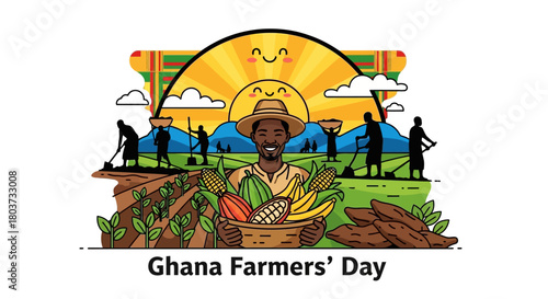 Celebrate Ghana Farmers' Day with vibrant illustration of happy farmer and bountiful harvest, showcasing the spirit of agriculture and community pride under the smiling sun