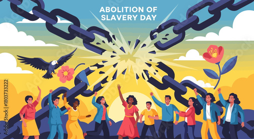 Celebrate Freedom with Diverse People on Abolition of Slavery Day with Broken Chains and Hopeful Eagle, a Powerful Reminder of Progress and Unity for a Better World