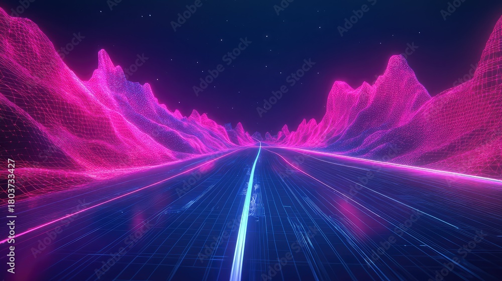 Fototapeta premium Digital wireframe landscape with neon road illuminating a synthwave night