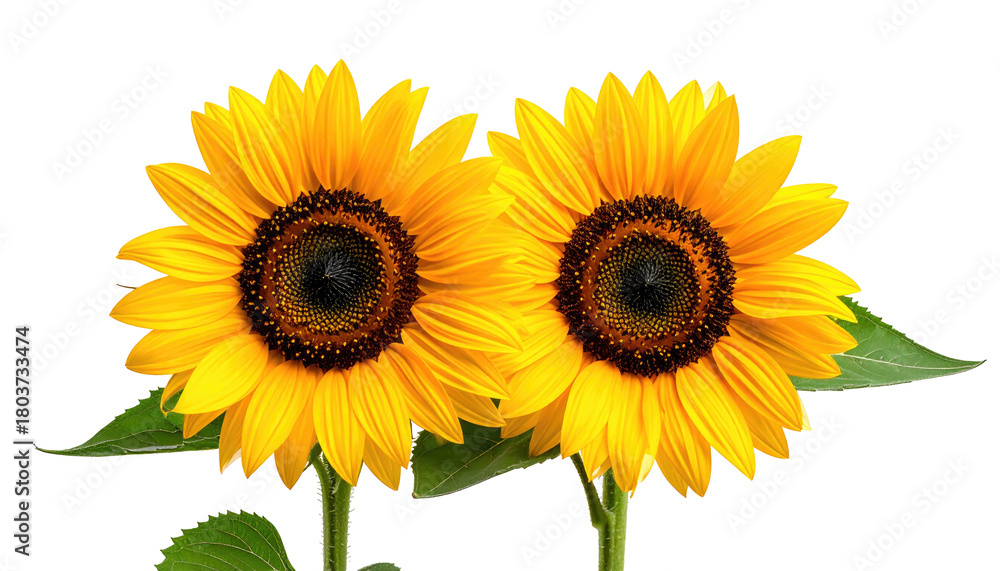 Obraz premium Two vibrant sunflowers, with yellow petals and dark centers, stand tall. Green leaves enhance their beauty. Black background