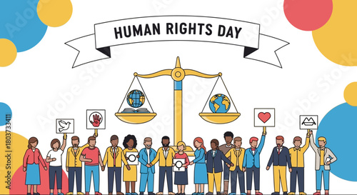 Diverse group advocating for Human Rights Day with powerful symbols of peace, justice, and equality, promoting global awareness and unity for social campaigns and educational purposes