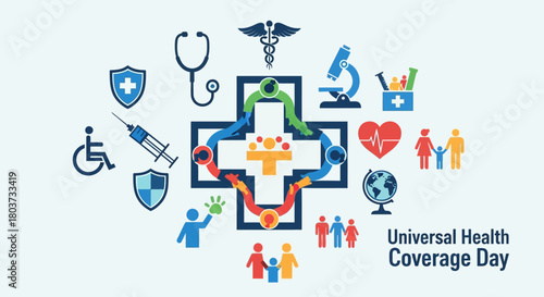 Promote Universal Health Coverage Day with vibrant graphics showcasing medical access for all, featuring global healthcare icons and symbols of community support for well-being worldwide