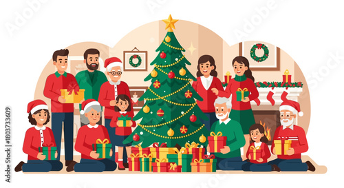 Share the Joy of Christmas with a Multi Generational Family Gathering Around the Tree Exchanging Gifts, Spreading Holiday Cheer and Creating Lasting Memories, Festive and Joyful