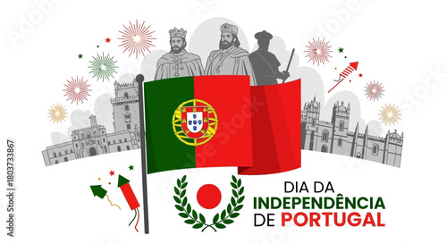 Celebrate Portugal Independence Day with festive fireworks and historical figures, a vibrant illustration of national pride and cultural heritage for patriotic campaigns