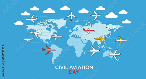 Celebrate Civil Aviation Day with a vibrant world of planes flying across a blue sky backdrop, perfect for travel promotions and global connectivity campaigns, showcasing freedom and adventure