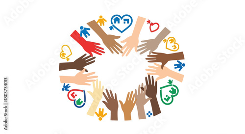 Diverse hands reaching together in unity and harmony, symbolizing community support, collaboration, and inclusive teamwork with vibrant colors and symbolic icons of home and heart