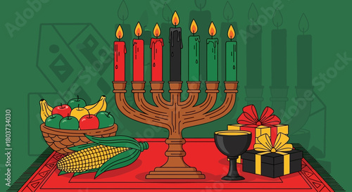 Celebrate Kwanzaa with vibrant candles, harvest fruits, and meaningful gifts, embodying unity and heritage, bringing the spirit of African culture to your holiday season