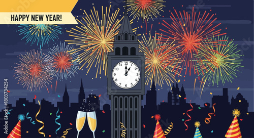 Celebrate the New Year with a dazzling fireworks display over a city skyline, champagne toasts, and festive party hats, marking a momentous countdown to midnight.