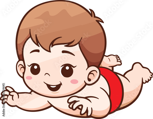 Cartoon baby crawling playfully with red diaper, smiling infant illustration showing joy, innocence, and early childhood development concept