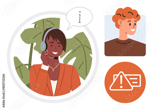 Customer support agent wearing headset, speaking into a microphone with info bubble, user portrait, and alert icon. Ideal for communication, service, assistance, helpdesk, guidance troubleshooting