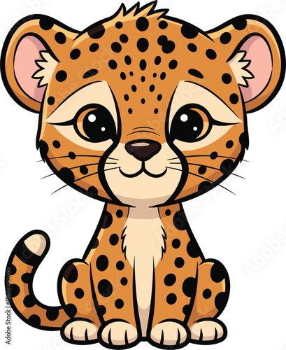 Cartoon baby leopard illustration, cute wild animal character, sitting pose design, spotted jungle cat vector, playful wildlife art for kids