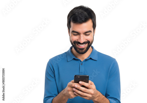 A smiling bearded man wearing a blue collared shirt holds a smartphone and looks down at the screen with focus isolated on transparent background