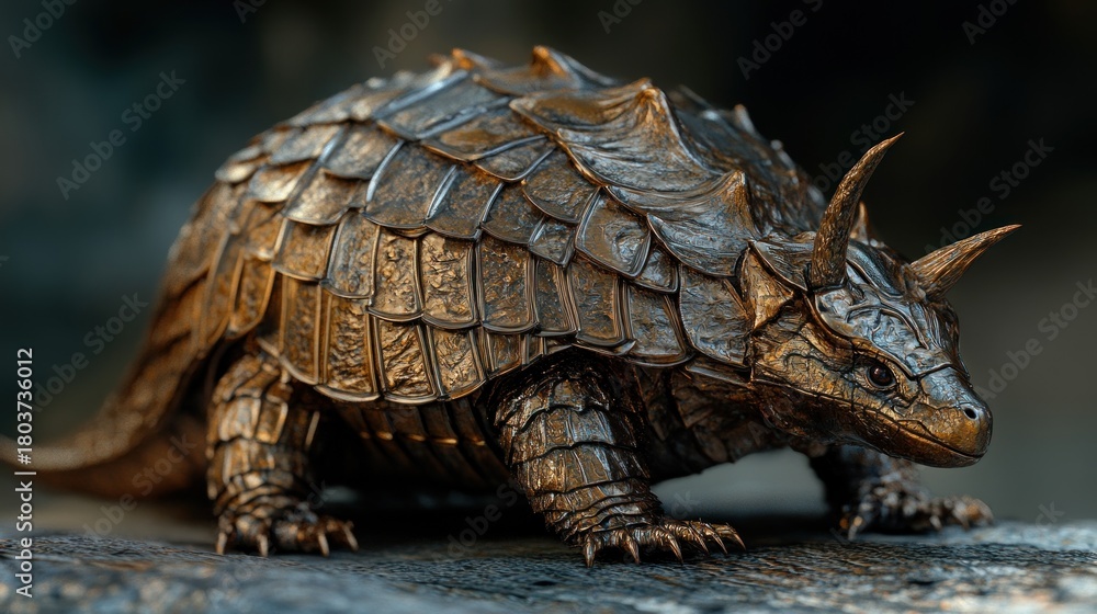 Naklejka premium Armadillo Lizard, its spiny scales like tiny, overlapping shields of burnished bronze, surreal ancient warrior texture, dramatic heroic lighting