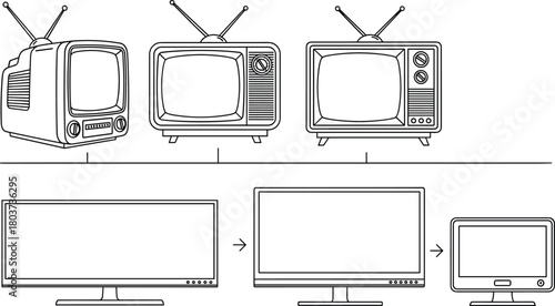 Illustration of evolution of television isolated on from old tube tv to modern flat screen monitor concept of technological progress and media consumption