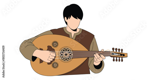 Captivating illustration of a skilled musician playing the Oud with passion, bringing cultural music to life in a simple, elegant design