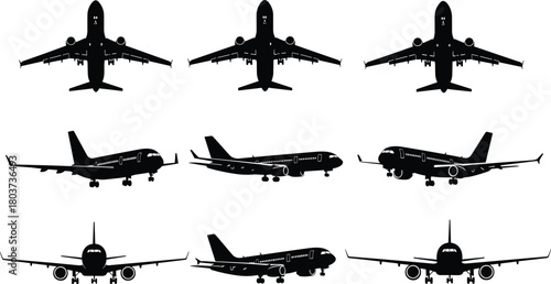 Illustration of a set of nine airplane silhouettes isolated on showcasing different angles and perspectives of the aircraft, perfect for aviationthemed designs