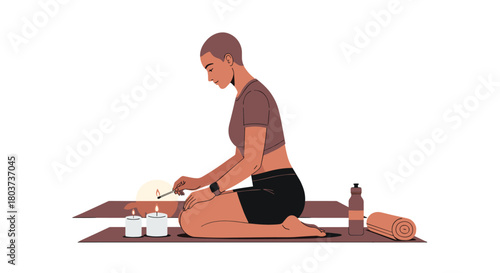 Woman lighting candles before a yoga session for mindful meditation and wellness in a serene setting for relaxation