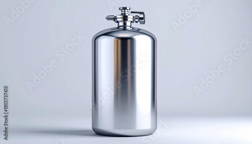 Polished gas cylinder with valve on light background, evoking industrial precision and containment.