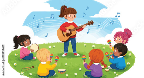 Cartoon children playing music outdoors, guitar and percussion instruments, group activity, music education, joyful kids, creative learning, teamwork