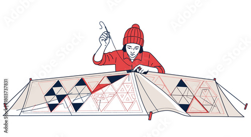 Artisan lovingly handcrafting bespoke geometric quilt with needle and thread, showcasing skill and dedication to quality textile design work