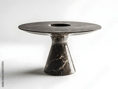 Elegant modern marble round pedestal dining table with a central opening isolated on a neutral background