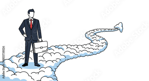 Ambitious businessman charting cloud path to success with modern vision, ready for strategic challenges and corporate growth in the digital age