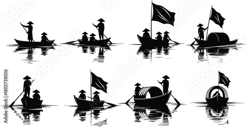 Illustration of silhouette of traditional vietnamese boats with people rowing on a calm river, creating a serene and cultural scene isolated on