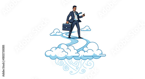 Visionary businessman with briefcase on a cloud path to success points optimistically to future goals leading toward innovation and growth