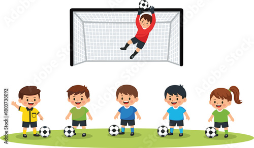 Cartoon children playing soccer, goalkeeper, referee, kids with balls, outdoor sports activity, teamwork, youth game, fun field scene