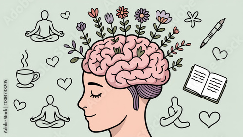 Brain with flowers symbolizing mental health and mindfulness vector illustration for wellness and self-care concepts