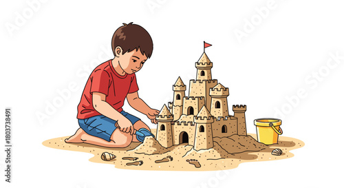 Cute boy building a majestic sandcastle on the beach with a shovel, perfect for summer vacation and childhood memories illustrations