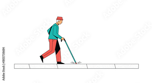 Person with cane walking confidently down sidewalk, navigation and determination, showing independence and resilience in daily life adventure