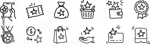 Reward bonus gift icon set. Benefit reward bonus loyalty prize hand drawn sketch line pen stroke style icon. Benefit gift coupon, loyalty card sketch doodle drawn collection. Vector illustration
