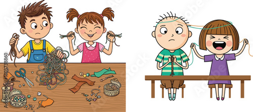 Cartoon illustration of children making crafts with strings and beads, showing teamwork, creativity, problem solving, and humorous reactions during crafting activities