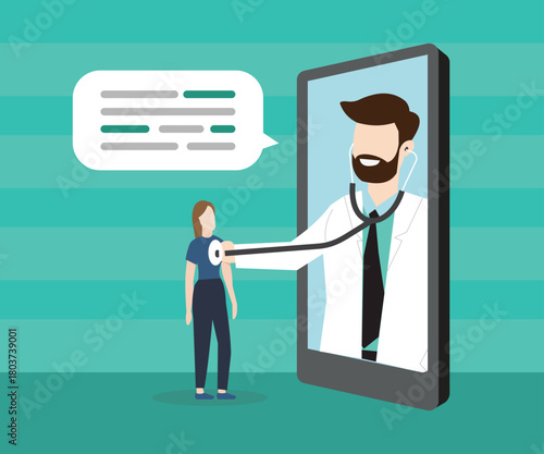 A chat between a patient and a doctor, as well as an online consultation. A doctor is seen examining a patient on his smartphone.