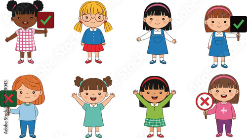 Cartoon children holding signs, correct and incorrect symbols, educational activity, learning concept, diverse kids, classroom behavior, visual aid
