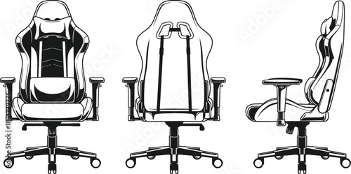Illustration of gaming chair isolated on front, back, and side views showcase the ergonomic design, adjustable features, and sleek aesthetics of this essential gaming accessory
