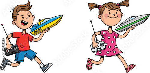 Cartoon illustration of happy kids running with remote control speedboats, showcasing playful childhood fun, excitement, outdoor activity, technology, and energetic movement