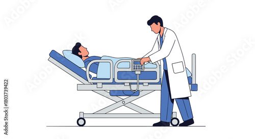 Caring doctor tends to patient in hospital bed, offering comfort and medical attention during recovery and healing