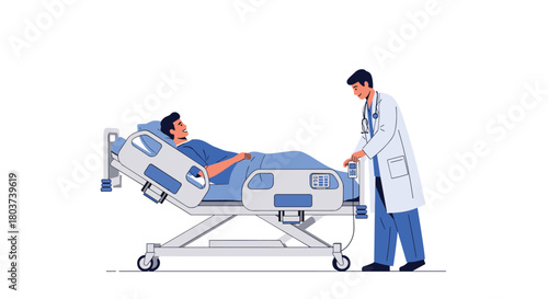 Caring doctor attentively monitors patient's recovery in modern hospital room, offering hope and professional medical attention